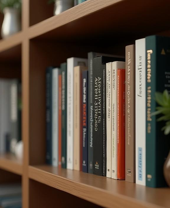 A close-up of a neatly organized bookshelf featuring titles on astrophysics and geometry.